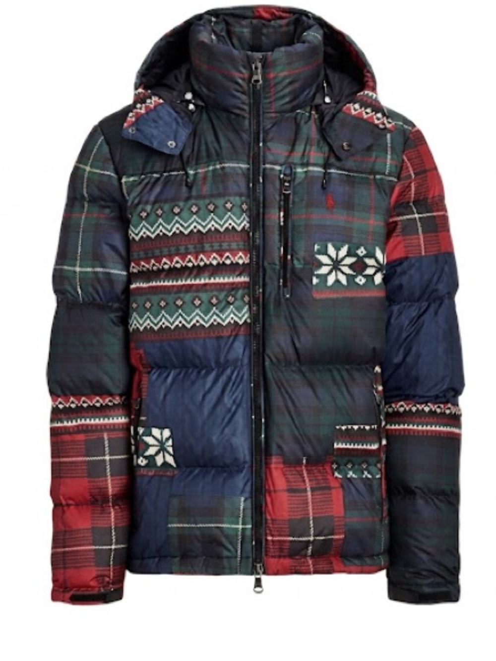 Polo by Ralph Lauren Men’s Navy, Green & Red Patchwork Quilted Hooded Puffer